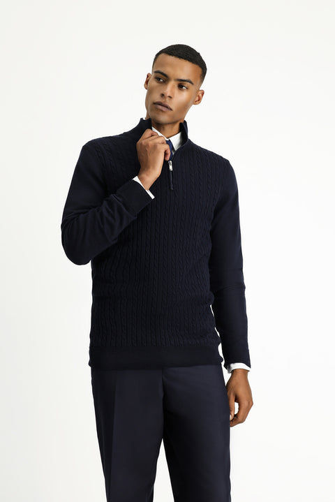 Dark Navy Half Turtleneck Zip-Up Regular Fit Patterned Cotton Knit Sweater