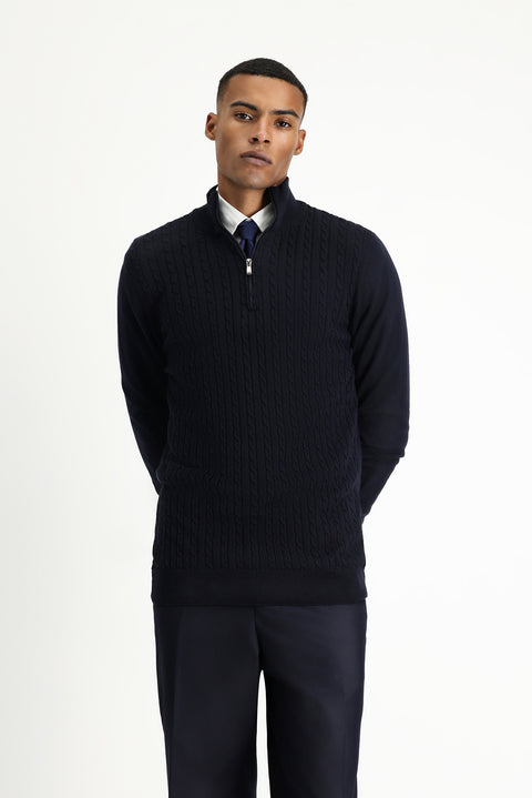 Dark Navy Half Turtleneck Zip-Up Regular Fit Patterned Cotton Knit Sweater