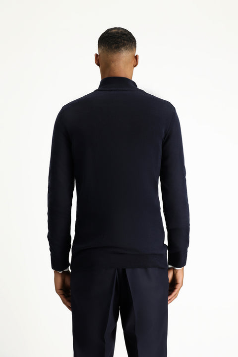 Dark Navy Half Turtleneck Zip-Up Regular Fit Patterned Cotton Knit Sweater