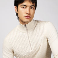 Light Beige Half Turtleneck Zip-Up Regular Fit Patterned Cotton Knit Sweater