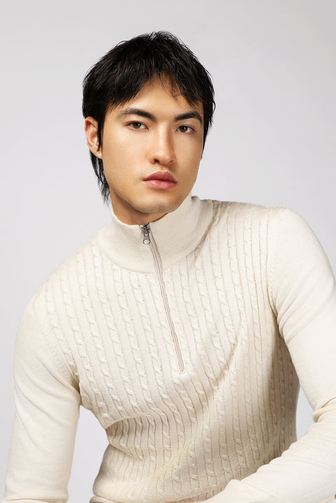 Light Beige Half Turtleneck Zip-Up Regular Fit Patterned Cotton Knit Sweater