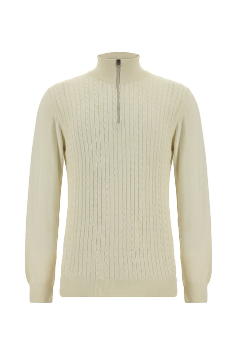 Light Beige Half Turtleneck Zip-Up Regular Fit Patterned Cotton Knit Sweater