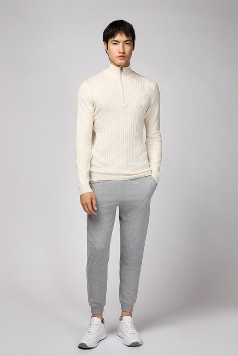 Light Beige Half Turtleneck Zip-Up Regular Fit Patterned Cotton Knit Sweater