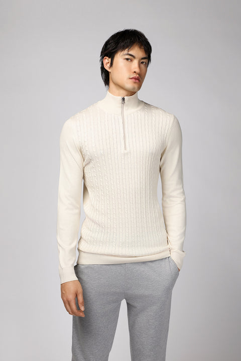 Light Beige Half Turtleneck Zip-Up Regular Fit Patterned Cotton Knit Sweater