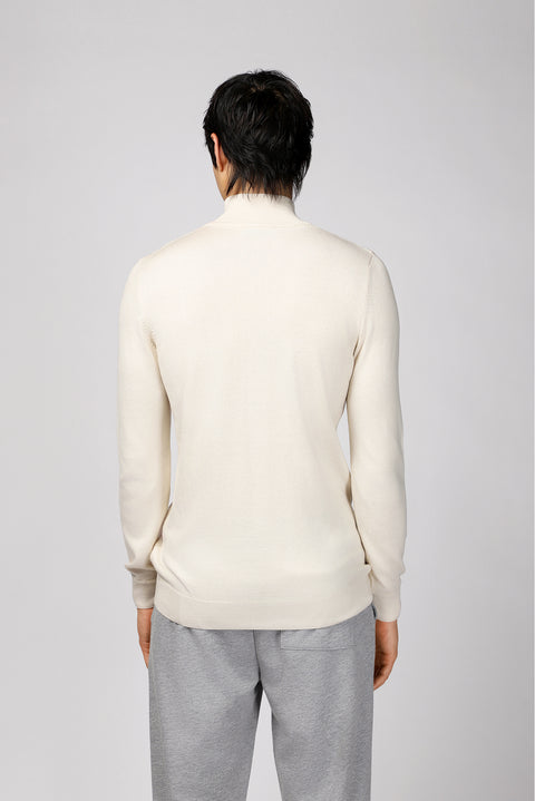Light Beige Half Turtleneck Zip-Up Regular Fit Patterned Cotton Knit Sweater