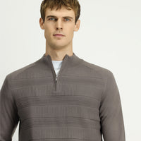 Medium Grey Melange Half Turtleneck Regular Fit Zip-Up Patterned Cotton Knit Sweater