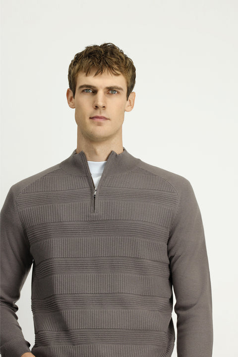 Medium Grey Melange Half Turtleneck Regular Fit Zip-Up Patterned Cotton Knit Sweater