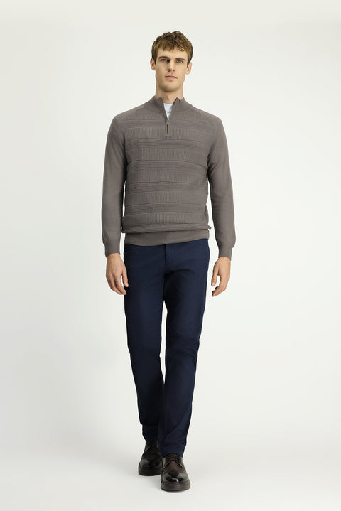 Medium Grey Melange Half Turtleneck Regular Fit Zip-Up Patterned Cotton Knit Sweater