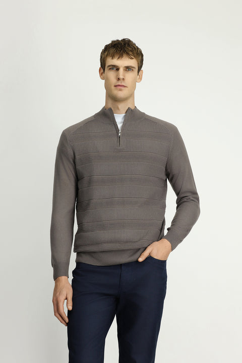 Medium Grey Melange Half Turtleneck Regular Fit Zip-Up Patterned Cotton Knit Sweater