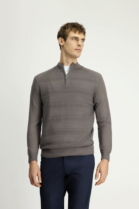 Medium Grey Melange Half Turtleneck Regular Fit Zip-Up Patterned Cotton Knit Sweater