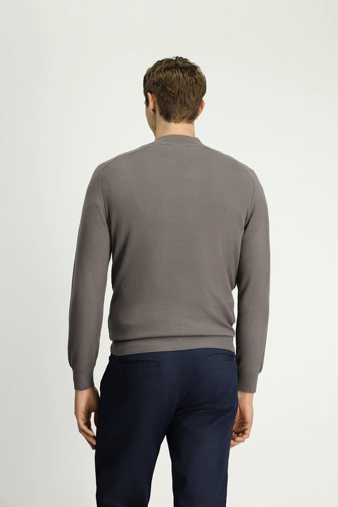 Medium Grey Melange Half Turtleneck Regular Fit Zip-Up Patterned Cotton Knit Sweater