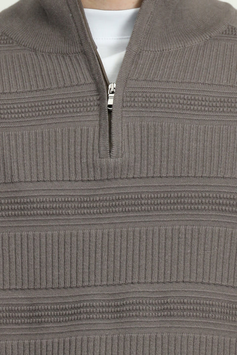 Medium Grey Melange Half Turtleneck Regular Fit Zip-Up Patterned Cotton Knit Sweater