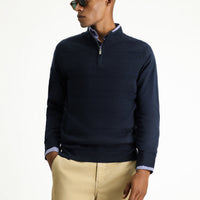 Dark Navy Semi-Turtleneck Regular Fit Zip-Up Patterned Cotton Knit Sweater
