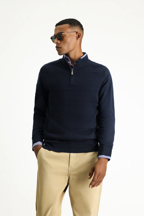 Dark Navy Semi-Turtleneck Regular Fit Zip-Up Patterned Cotton Knit Sweater