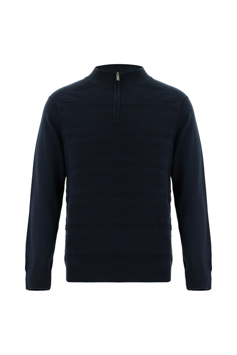 Dark Navy Semi-Turtleneck Regular Fit Zip-Up Patterned Cotton Knit Sweater