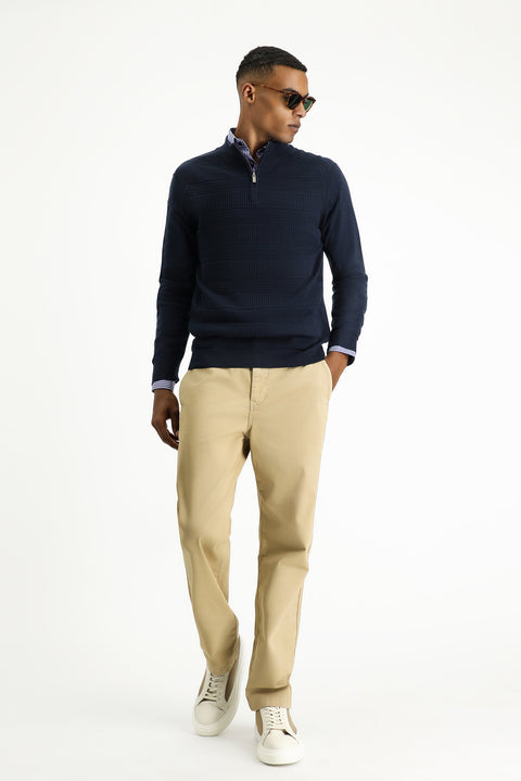 Dark Navy Semi-Turtleneck Regular Fit Zip-Up Patterned Cotton Knit Sweater