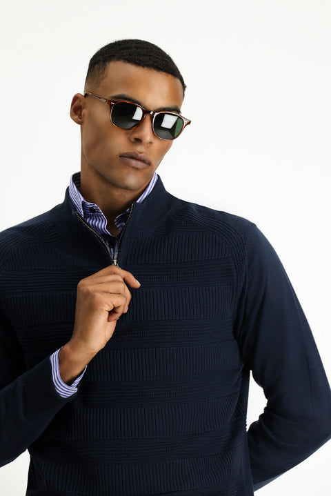 Dark Navy Semi-Turtleneck Regular Fit Zip-Up Patterned Cotton Knit Sweater
