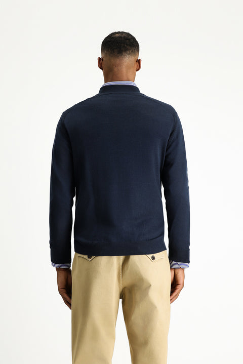 Dark Navy Semi-Turtleneck Regular Fit Zip-Up Patterned Cotton Knit Sweater