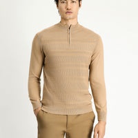 Medium Beige Half Turtleneck Regular Fit Zip-Up Patterned Cotton Knit Sweater