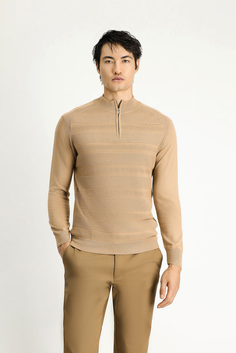 Medium Beige Half Turtleneck Regular Fit Zip-Up Patterned Cotton Knit Sweater