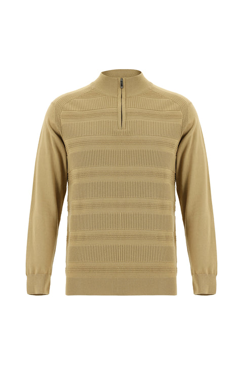 Medium Beige Half Turtleneck Regular Fit Zip-Up Patterned Cotton Knit Sweater