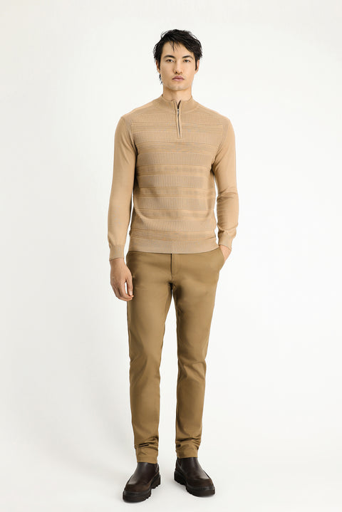 Medium Beige Half Turtleneck Regular Fit Zip-Up Patterned Cotton Knit Sweater