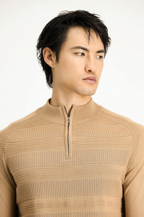 Medium Beige Half Turtleneck Regular Fit Zip-Up Patterned Cotton Knit Sweater