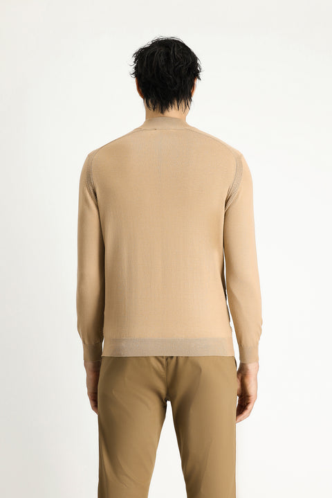 Medium Beige Half Turtleneck Regular Fit Zip-Up Patterned Cotton Knit Sweater