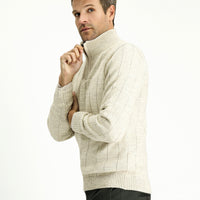 Light Beige Half Turtleneck Regular Fit Zip-Up Patterned Knit Sweater