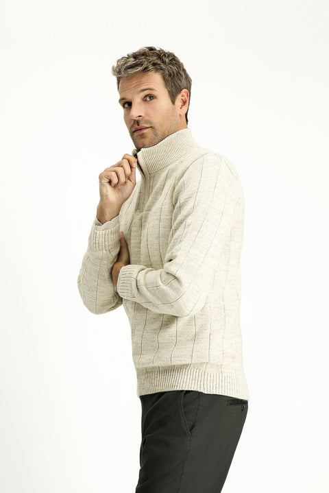 Light Beige Half Turtleneck Regular Fit Zip-Up Patterned Knit Sweater
