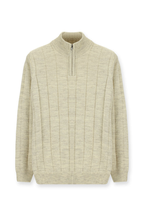 Light Beige Half Turtleneck Regular Fit Zip-Up Patterned Knit Sweater