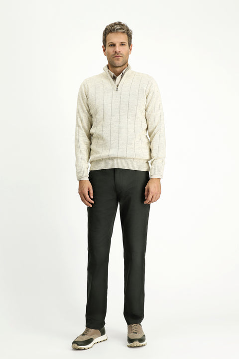Light Beige Half Turtleneck Regular Fit Zip-Up Patterned Knit Sweater