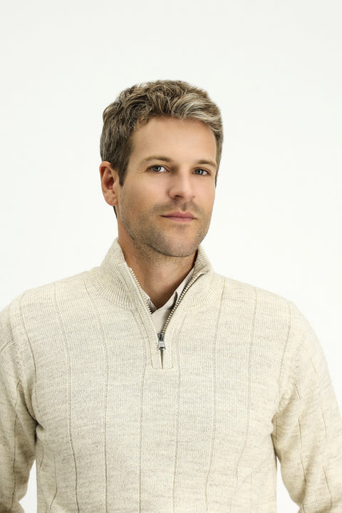 Light Beige Half Turtleneck Regular Fit Zip-Up Patterned Knit Sweater
