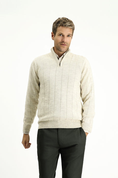 Light Beige Half Turtleneck Regular Fit Zip-Up Patterned Knit Sweater