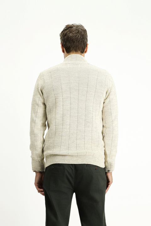 Light Beige Half Turtleneck Regular Fit Zip-Up Patterned Knit Sweater