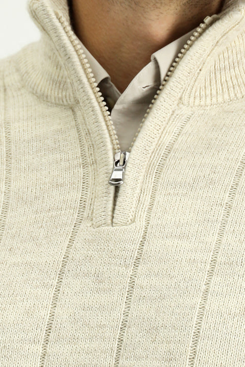Light Beige Half Turtleneck Regular Fit Zip-Up Patterned Knit Sweater