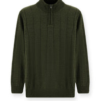Medium Khaki Half Turtleneck Regular Fit Zip-Up Patterned Knit Sweater