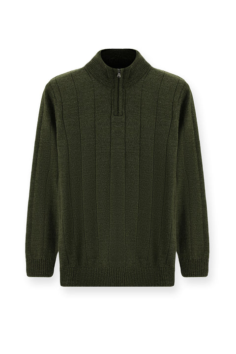 Medium Khaki Half Turtleneck Regular Fit Zip-Up Patterned Knit Sweater