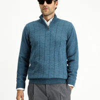 Medium Petrol Half Turtleneck Regular Fit Zip-Up Patterned Knit Sweater