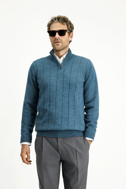 Medium Petrol Half Turtleneck Regular Fit Zip-Up Patterned Knit Sweater