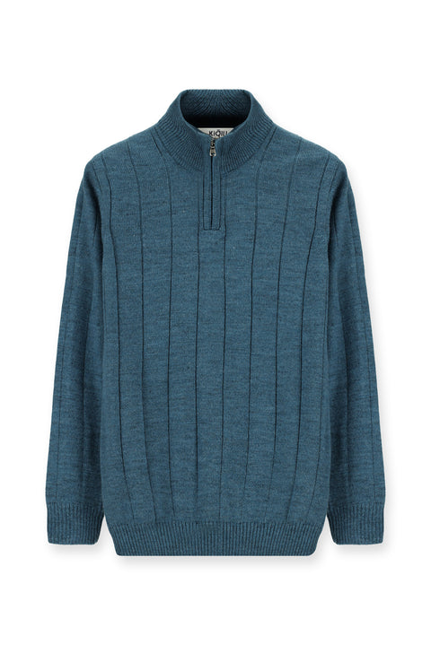 Medium Petrol Half Turtleneck Regular Fit Zip-Up Patterned Knit Sweater