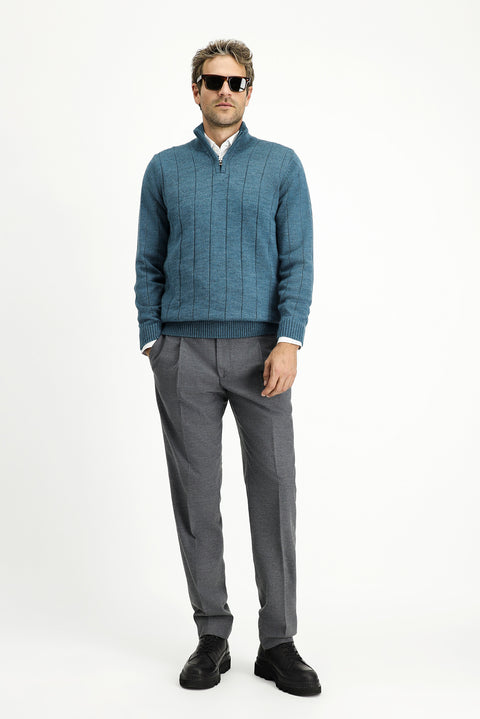 Medium Petrol Half Turtleneck Regular Fit Zip-Up Patterned Knit Sweater