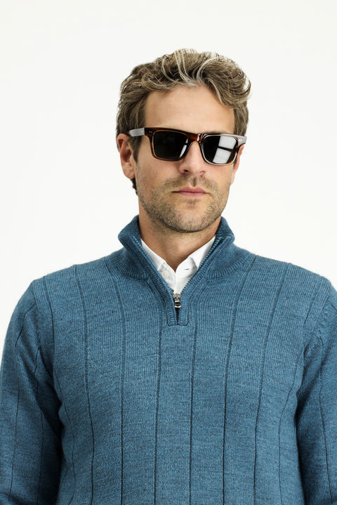 Medium Petrol Half Turtleneck Regular Fit Zip-Up Patterned Knit Sweater