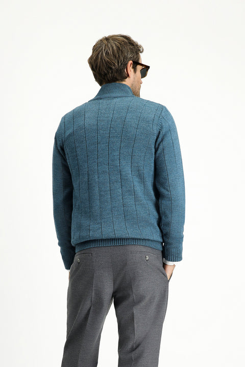 Medium Petrol Half Turtleneck Regular Fit Zip-Up Patterned Knit Sweater
