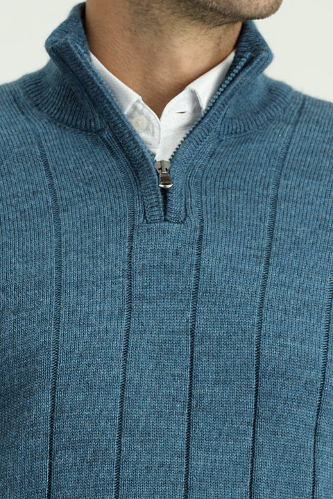 Medium Petrol Half Turtleneck Regular Fit Zip-Up Patterned Knit Sweater