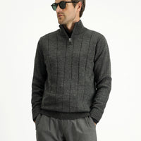 Medium Anthracite Semi-Turtleneck Regular Fit Zip-Up Patterned Knit Sweater