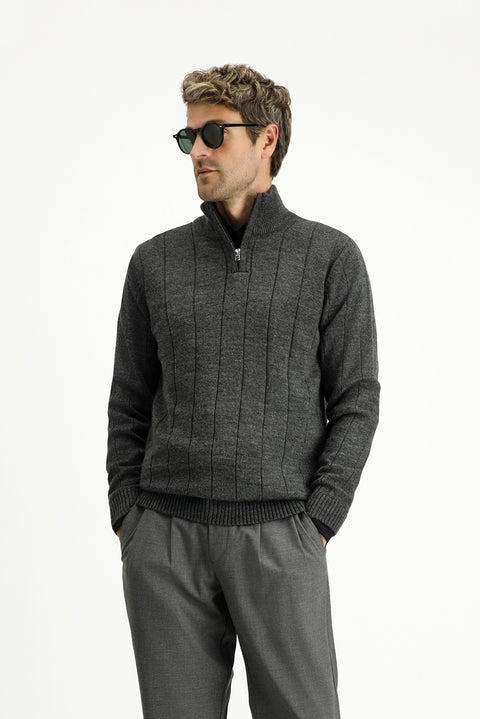 Medium Anthracite Semi-Turtleneck Regular Fit Zip-Up Patterned Knit Sweater