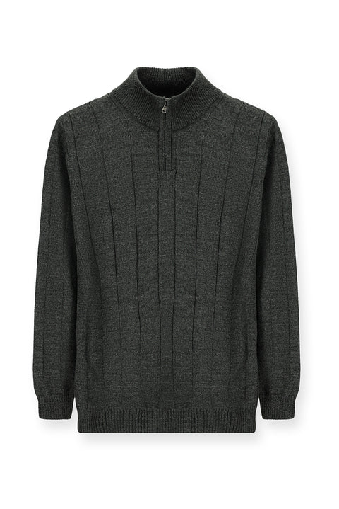 Medium Anthracite Semi-Turtleneck Regular Fit Zip-Up Patterned Knit Sweater