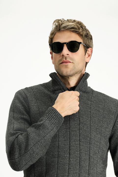 Medium Anthracite Semi-Turtleneck Regular Fit Zip-Up Patterned Knit Sweater