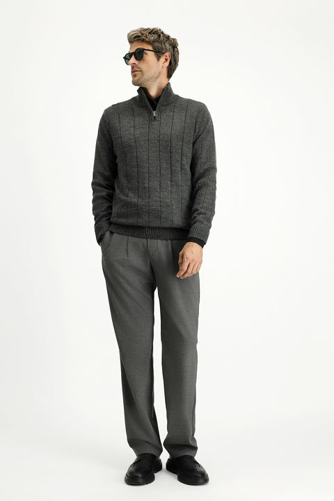 Medium Anthracite Semi-Turtleneck Regular Fit Zip-Up Patterned Knit Sweater